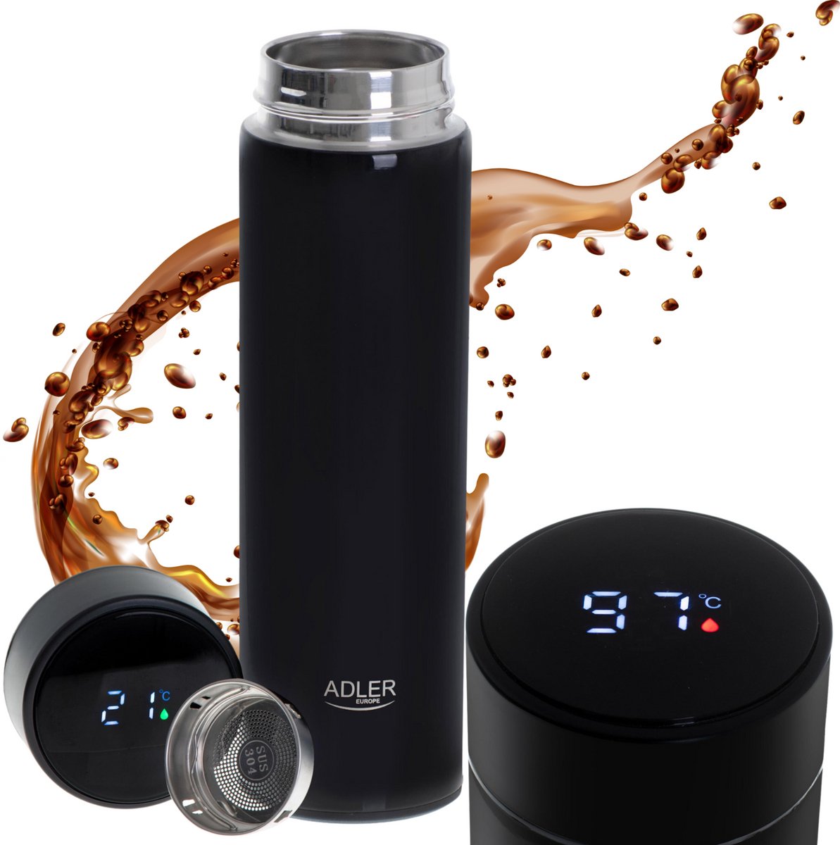 Adler Thermobecher Thermoskanne 473ml LED mit Temperatur für Kaffee Tee fürs Auto | ad4506bk