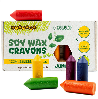 Medenka ® Sojawachsmalstifte Junior – 6 Farben – natürlich vegan – pflanzliches Sojawachs – sicheres kreatives Spielzeug – ab 1 Jahr