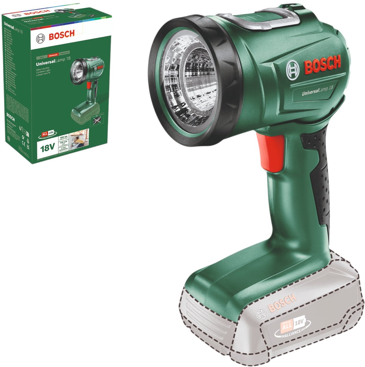 Bosch grüne Universallampe 18 | Akku-Arbeitsleuchte | 18V Li-Ion | 270lm - 06039a1100