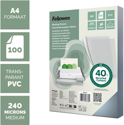 Packung 100 Einbanddeckel transparent 53762 Fellowes PVC A4
