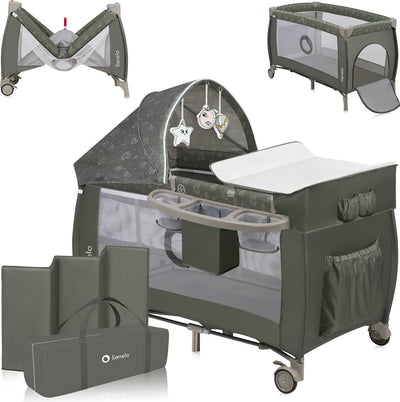 Lionelo Sven Plus 2in1 Mitwachsendes Campingbett – 127 x 60 cm – bis 15 kg – Beistellbett – Reisebett mit Wickeltisch, Organizer, Moskitonetz und interaktivem Spielzeug