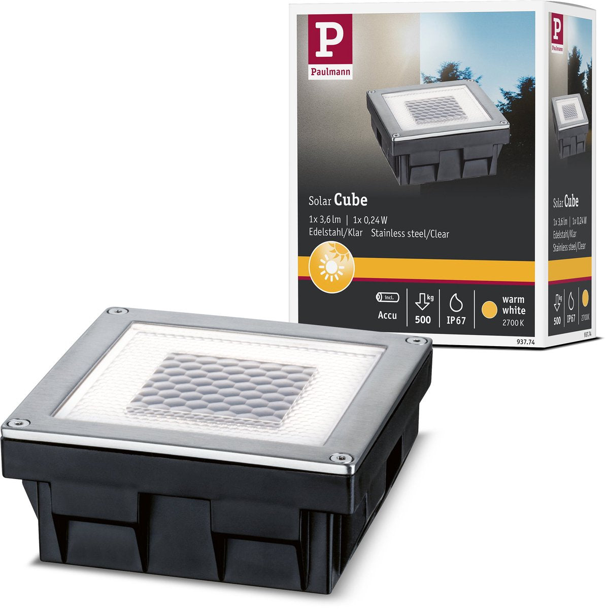 Paulmann Solar LED Bodeneinbauleuchte Cube IP67 2700k 3,6lm Edelstahl, klar