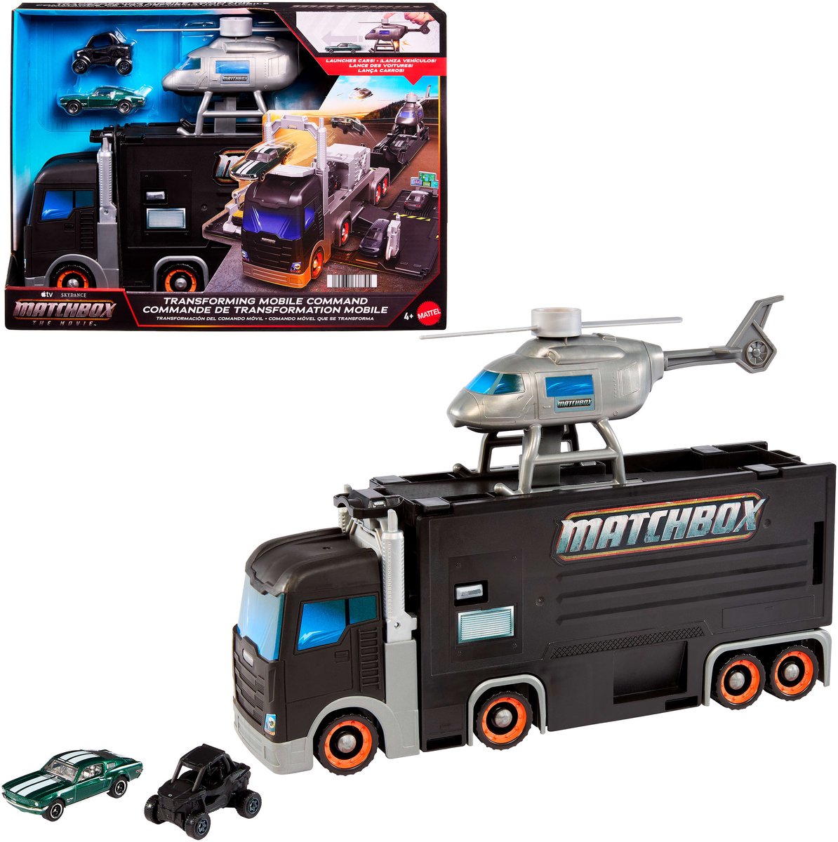 Matchbox Mobile Commando Transform – großes Fahrzeug mit Hubschrauber und 2 Spielzeugautos aus dem Film