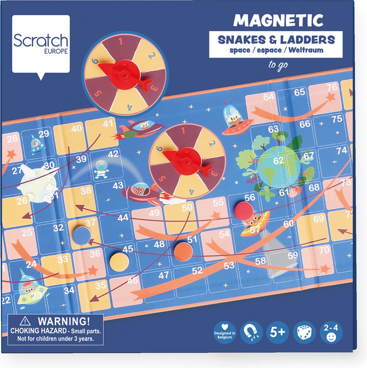 Kratzmagnetisches Brettspiel zum Mitnehmen – Schlangen und Leitern – Weltraum – 58 x 18,5 x 0,5 cm – 5 Jahre