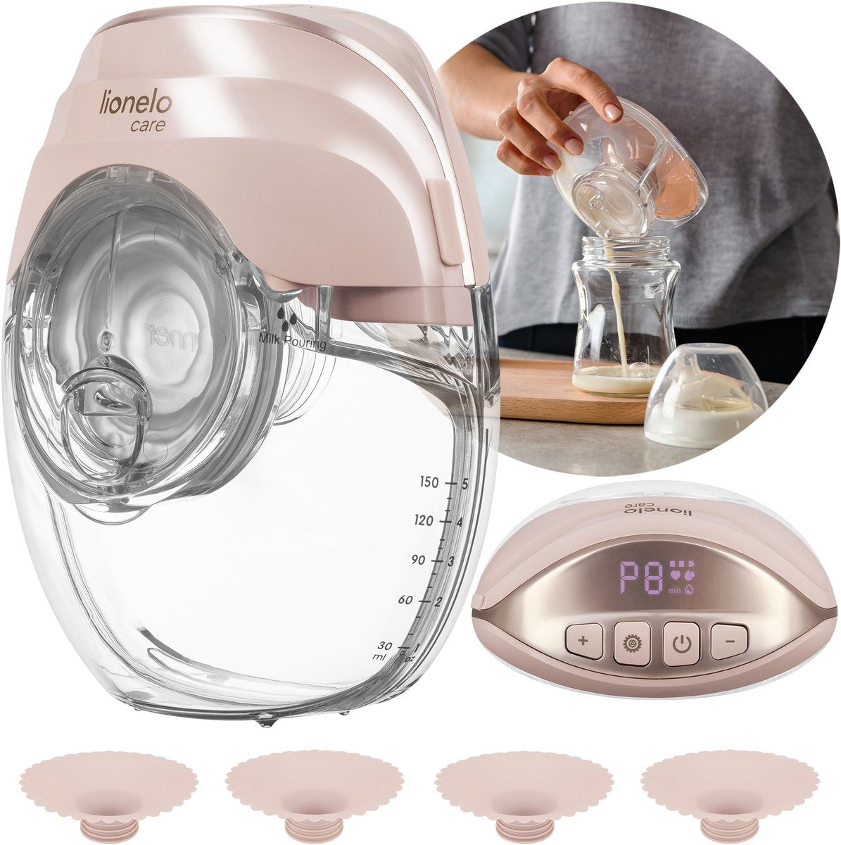Lionelo fidi free slim Freisprech-Milchpumpe – kabellos sehr leise (≤40 db) – Dreiphasensystem mit 8 Stufen – leicht schlank 214 g – 150 ml Tritan-Reservoir – 4 Brusthauben (17–24 mm)