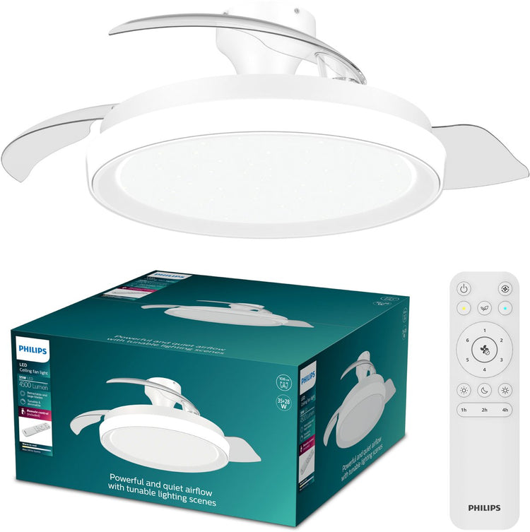 Philips LED Philips Bliss Deckenventilator mit integrierter LED-Lampe – 3 einziehbare Flügel, Durchmesser: 106 cm – 4500 Lumen – einstellbares weißes Licht von 2700 K bis 6500 K – dimmbar bis zu 5 % – Fernbedienung – Weiß mit Glitzer