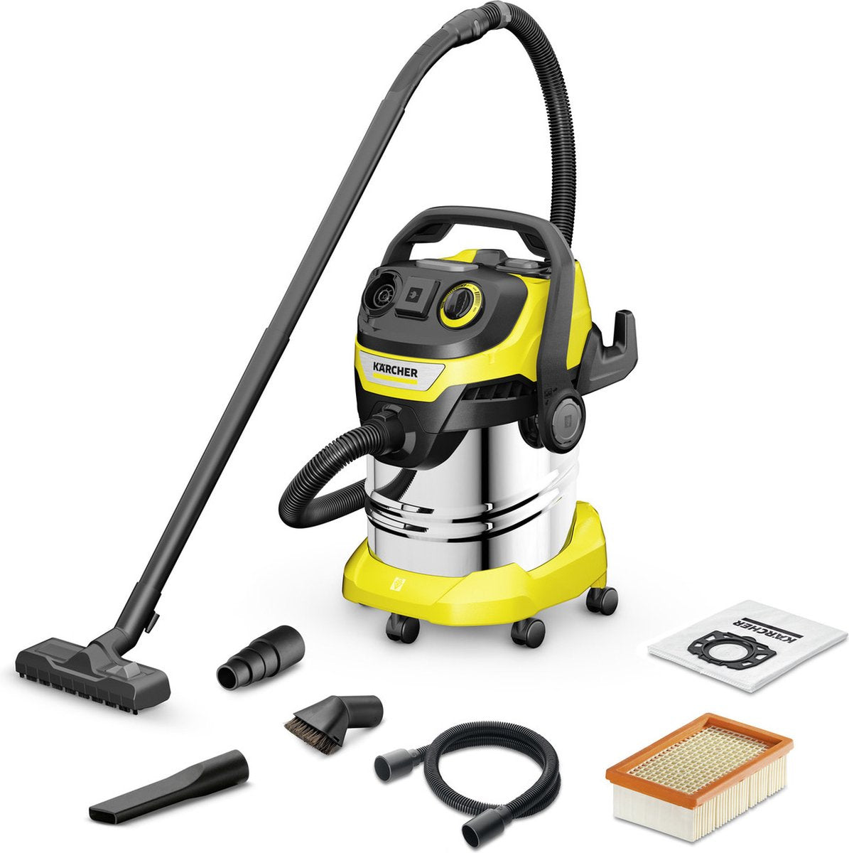 Kärcher WD 5 P S V-25 5 22 Werkstatt-Nass- und Trockensauger – 1100 W – 25 Liter – integrierte Steckdose – Edelstahlbehälter – Sonderzubehör – Flachfilter
