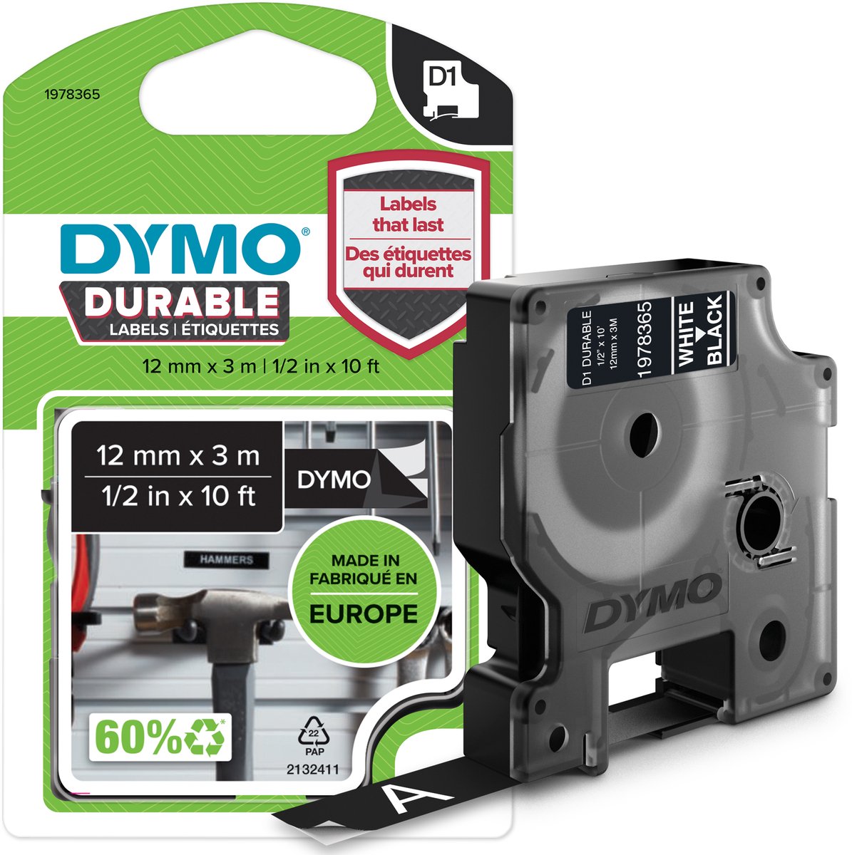 Dymo Original D1 langlebige Etiketten | weißer Text auf schwarzem Etikett | 12mm x 3m | selbstklebende Etiketten für den Etikettendrucker Label Manager | Hergestellt in Europa