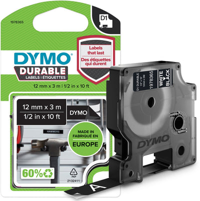 Dymo Original D1 langlebige Etiketten | weißer Text auf schwarzem Etikett | 12mm x 3m | selbstklebende Etiketten für den Etikettendrucker Label Manager | Hergestellt in Europa