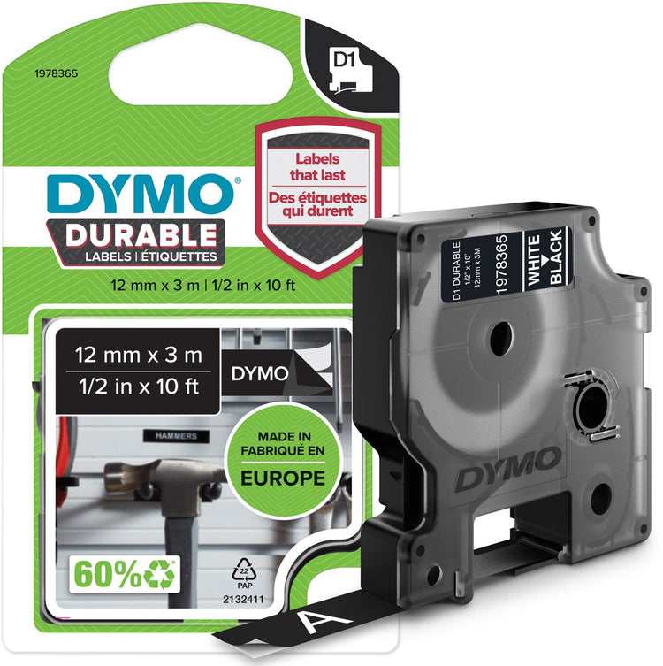 Dymo Original D1 langlebige Etiketten | weißer Text auf schwarzem Etikett | 12mm x 3m | selbstklebende Etiketten für den Etikettendrucker Label Manager | Hergestellt in Europa