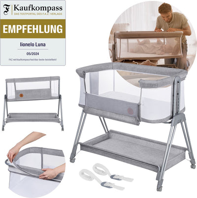 Lionelo Luna – 2-in-1-Babybett-Beistellbett – Geburt bis 9 kg – 7 Höhenpositionen – neigbare Matratze – Netzseiten – Räder mit Blöcken – waschbarer Bezug – inklusive Aufbewahrungskorb