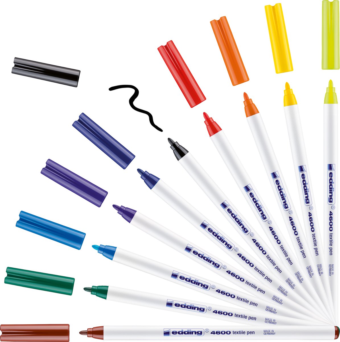 Edding 4600 Textilmarker – Box mit 10 Farben – Rundspitze 1 mm – zum Dekorieren von Kleidung – permanente Textilmarker zum Zeichnen auf Textilien, waschbeständig bis 60 °C – Textilmarker