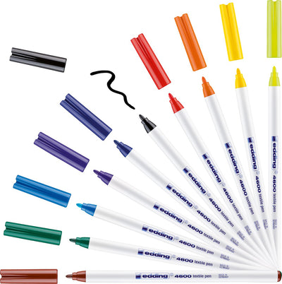 Edding 4600 Textilmarker – Box mit 10 Farben – Rundspitze 1 mm – zum Dekorieren von Kleidung – permanente Textilmarker zum Zeichnen auf Textilien, waschbeständig bis 60 °C – Textilmarker