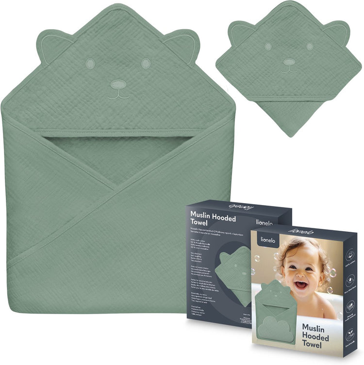 Lionelo Musselin-Babyhandtuch mit Kapuze – weiches Babyhandtuch mit Kapuze aus 100 % Baumwoll-Musselin – weicher Badeumhang mit Kapuze – atmungsaktiv, hypoallergen, reizfrei – hervorragende Saugfähigkeit – für Neugeborene, ältere Kinder – 75 x 75 cm