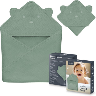 Lionelo Musselin-Babyhandtuch mit Kapuze – weiches Babyhandtuch mit Kapuze aus 100 % Baumwoll-Musselin – weicher Badeumhang mit Kapuze – atmungsaktiv, hypoallergen, reizfrei – hervorragende Saugfähigkeit – für Neugeborene, ältere Kinder – 75 x 75 cm