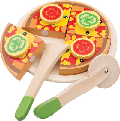 Woet® Pizza-Spielset aus Holz – Pizza in Scheiben schneiden mit Teller, Ausstecherschaufel – lehrreiches Rollenspiel – Spielzeug-Essen – ab 2 Jahren