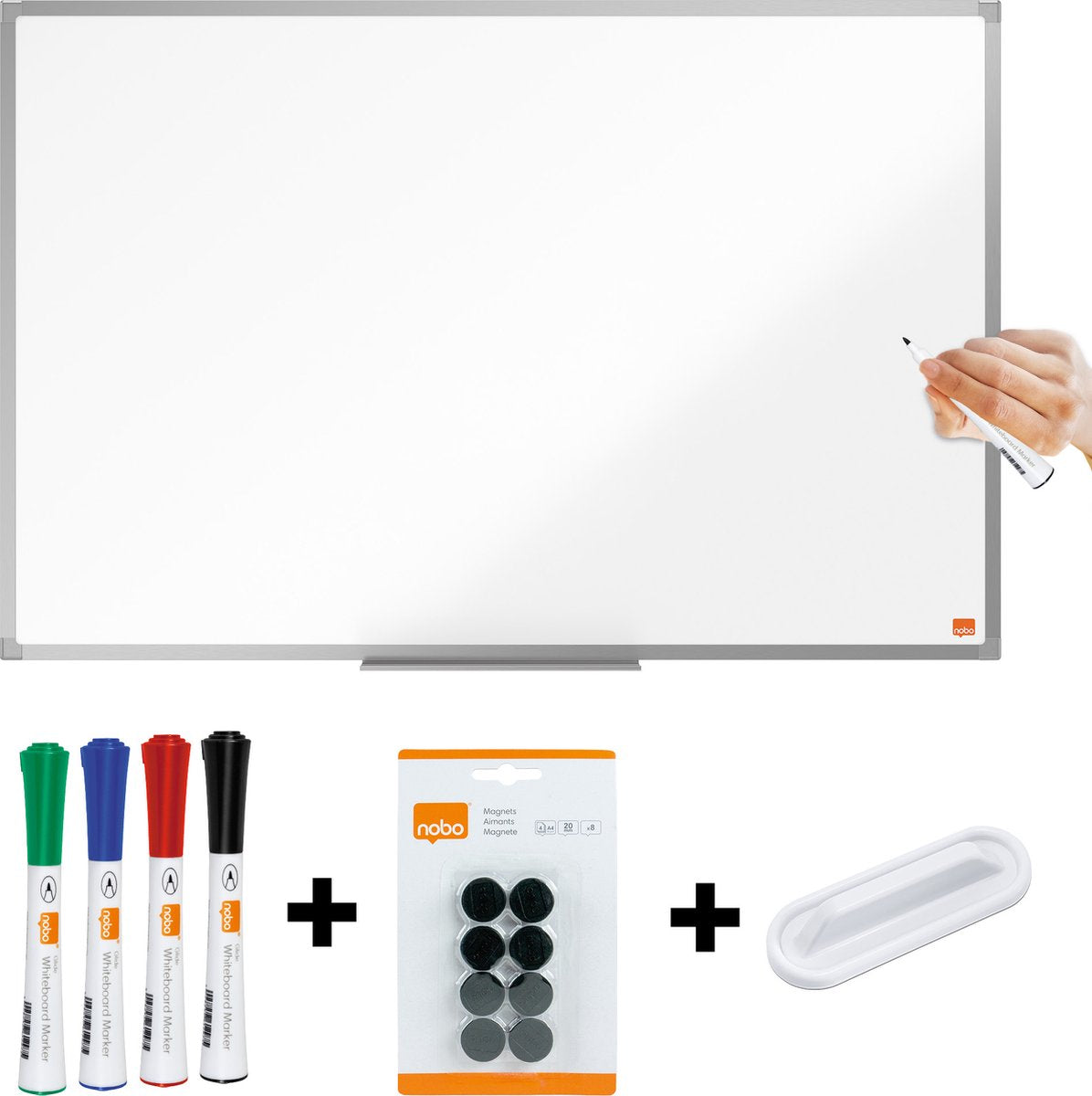 Nobo Essence magnetisches Whiteboard-Set 90 x 60 cm – mit Starter-Set – mit Stiftablage – lackierte Stahltafel – weiß