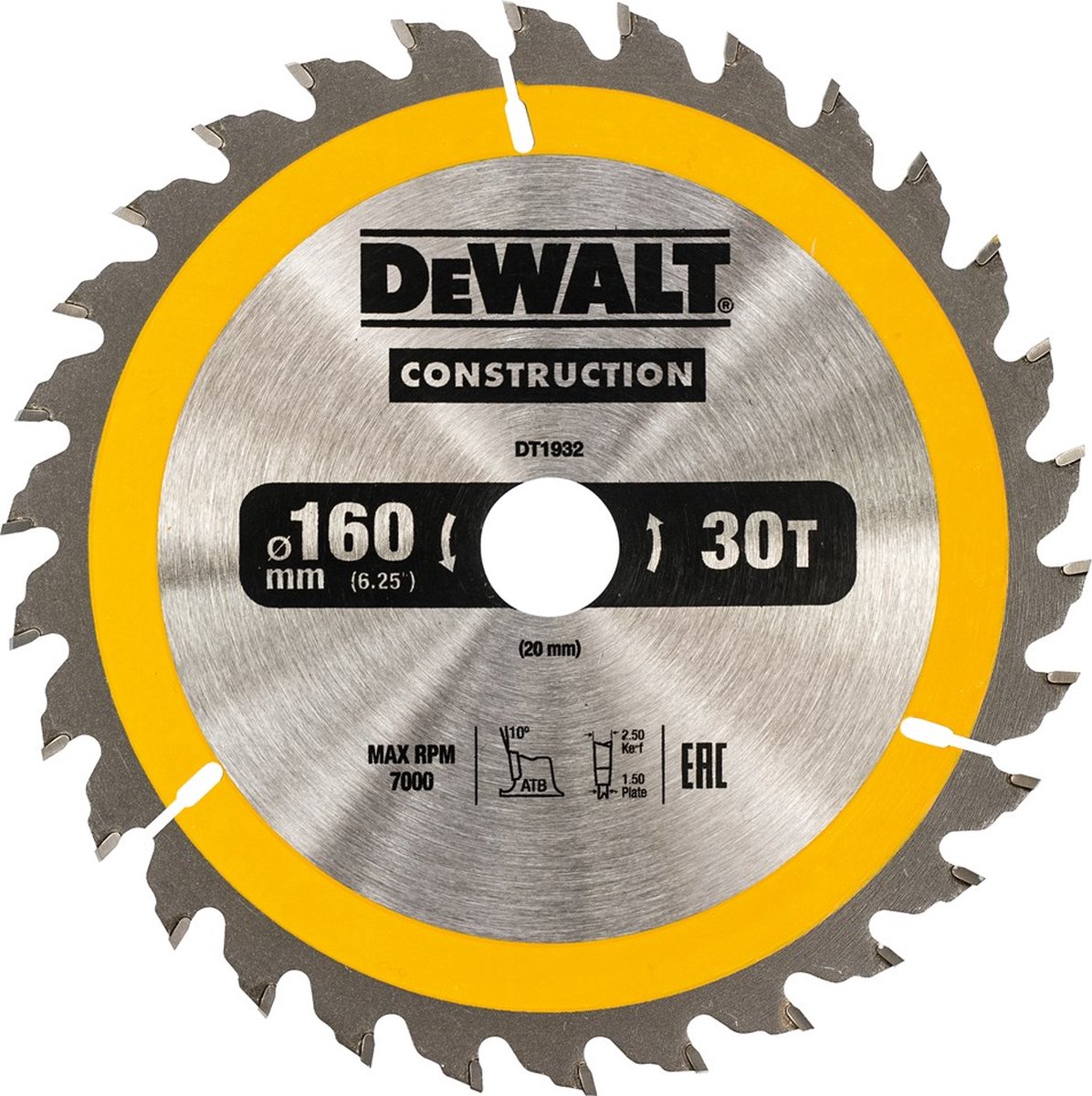 Dewalt Kreissägeblatt für Holz | Bau | ø 160mm Achsloch 20mm 30t - dt1932-qz