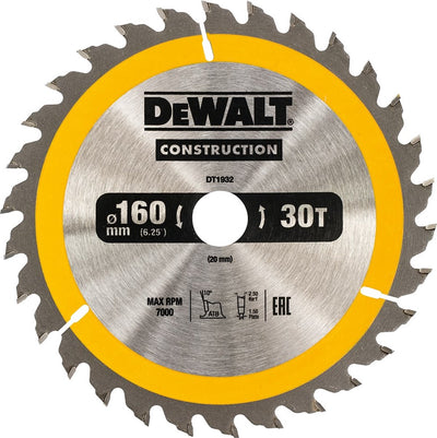 Dewalt Kreissägeblatt für Holz | Bau | ø 160mm Achsloch 20mm 30t - dt1932-qz
