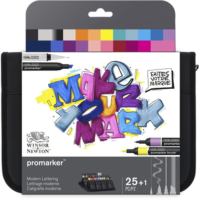 Winsor Newton 0290202 Promarker Brush Lettering Set – 26-teilig – Mixed Media Marker Set mit Fineliners Blender – für Handschrift-Illustrationen
