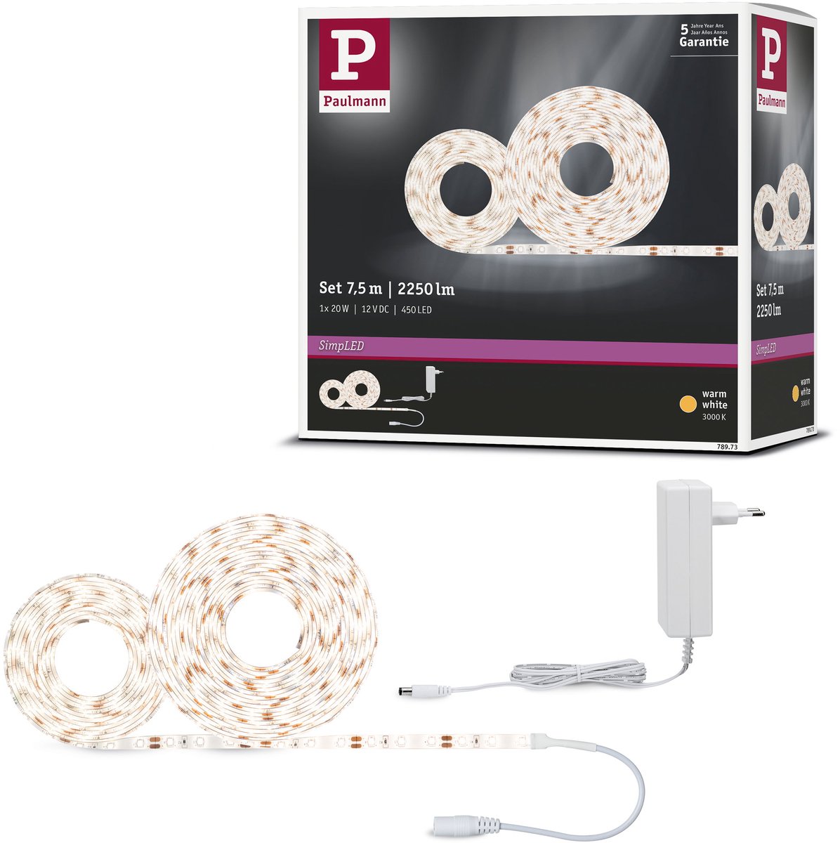 Paulmann einfacher LED-Streifen 7,5 Meter warmweiß 3000k - Plug-Play-Set - 20W - 300 lm m - 60 LEDs m - für den Innenbereich - beschichtet