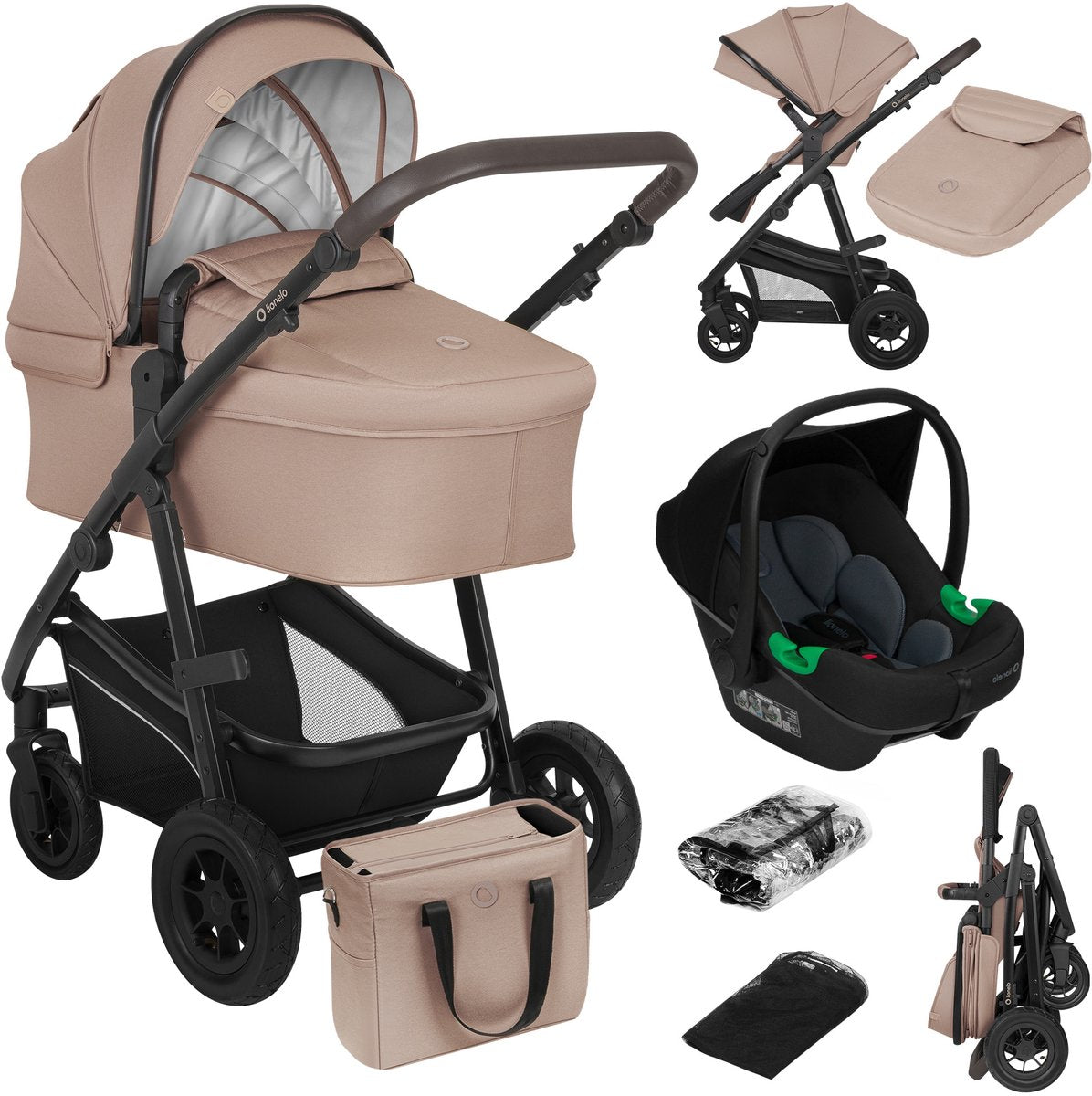 Lionelo Bianka Kinderwagen 3 in 1 – Reisebett + Kinderwagen + Autositz – große Luftreifen, Vollfederung – klappbar – verstellbare Schiebestange – Buggy-Wendesitz – 0–22 kg – Zubehörset – Beigebraun
