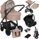 Lionelo Bianka Kinderwagen 3 in 1 – Reisebett + Kinderwagen + Autositz – große Luftreifen, Vollfederung – klappbar – verstellbare Schiebestange – Buggy-Wendesitz – 0–22 kg – Zubehörset – Beigebraun