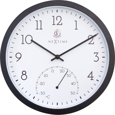 Nexttime Marigold – Outdoor-Uhr – 30,5 cm – Metall – Schwarz und Weiß – wetterfest – mit Thermometer
