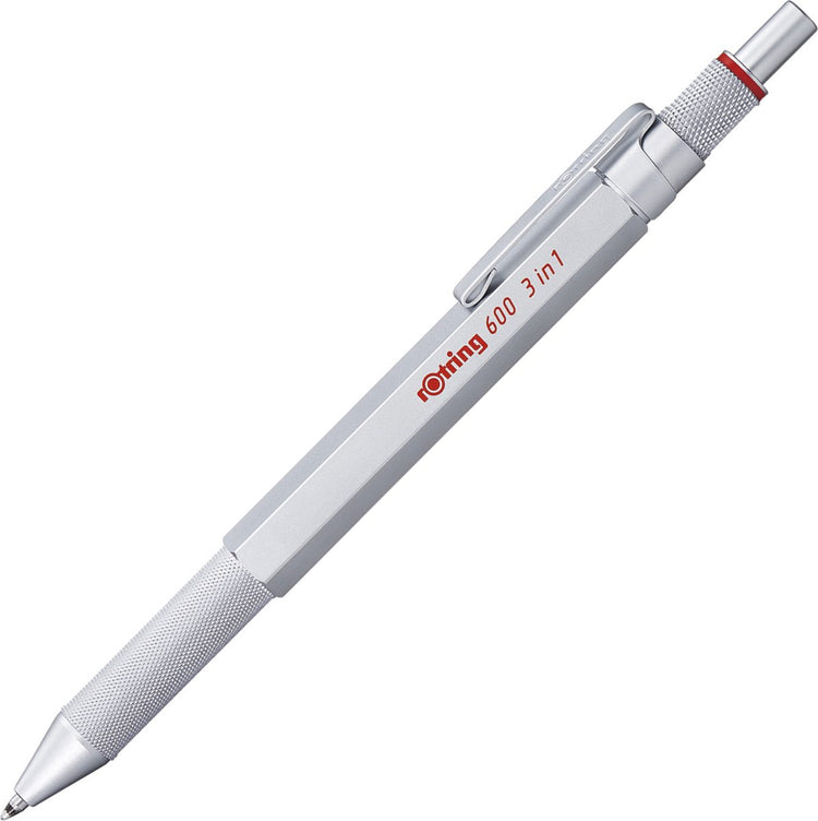 Rotring 300 3-in-1 Multipen – Kugelschreiber und Druckbleistift – 0,5 mm – Kugelschreiberspitzen mit schwarzer und roter Tinte – silbernes Gehäuse