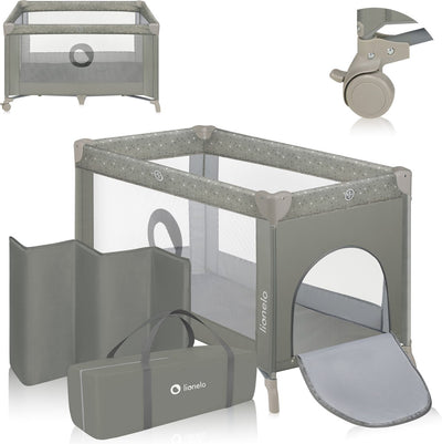 Lionelo Campingbett 3 in 1 – Babybett, zusammenklappbarer Laufstall, Reisebett – 60 x 120 cm – 0–36 Monate bis 15 kg – mit Komfortmatratze – Seiteneingang mit Reißverschluss – Rollen – Transporttasche – Stefi-Babybett, Babybox, Kinderbett