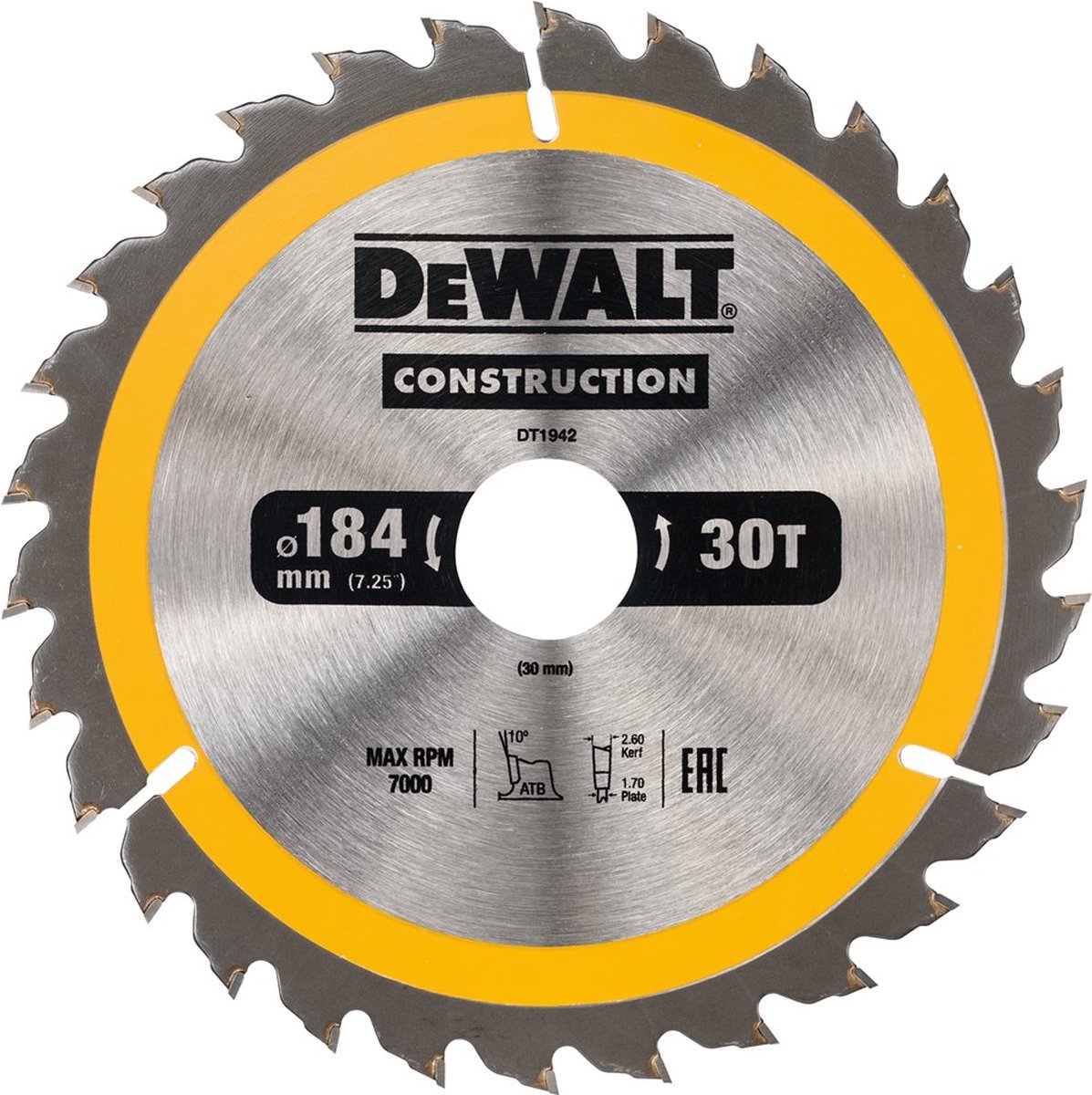 Dewalt Zubehör Kreissägeblatt 184 x 30 x 30 Zähne, positiv 10°, Kerbe 2,6 mm – dt1942-qz