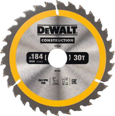 Dewalt Zubehör Kreissägeblatt 184 x 30 x 30 Zähne, positiv 10°, Kerbe 2,6 mm – dt1942-qz