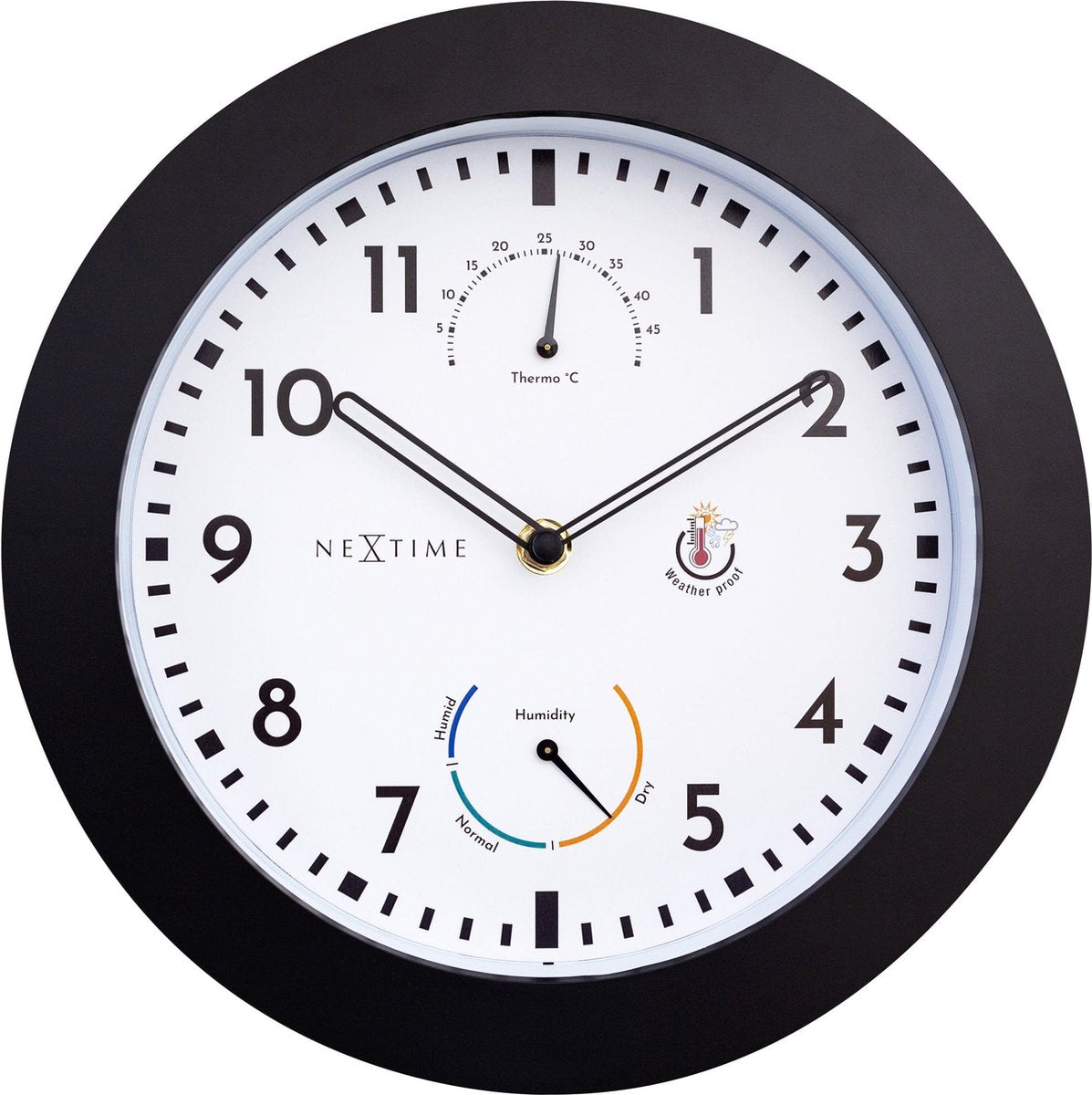 Nextime Daisy – Wetterstation-Wanduhr – 25,5 cm – Metall – Schwarz und Weiß – wetterfest