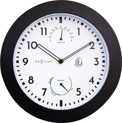 Nextime Daisy – Wetterstation-Wanduhr – 25,5 cm – Metall – Schwarz und Weiß – wetterfest