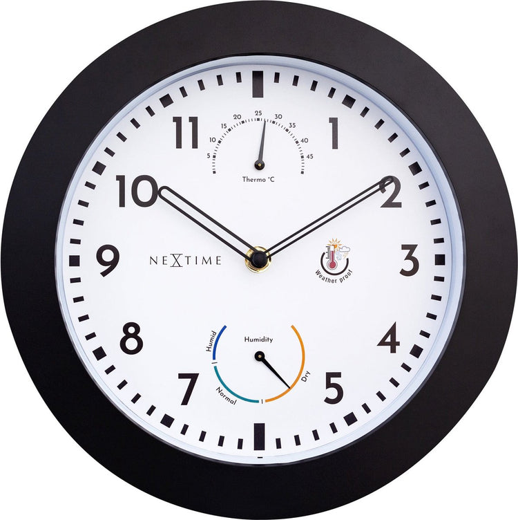 Nextime Daisy – Wetterstation-Wanduhr – 25,5 cm – Metall – Schwarz und Weiß – wetterfest