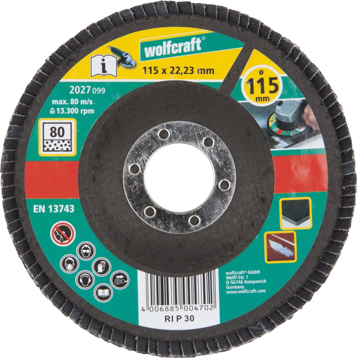 Wolfcraft – Fächerschleifscheibe – 115 mm – Körnung 80 – 2027000