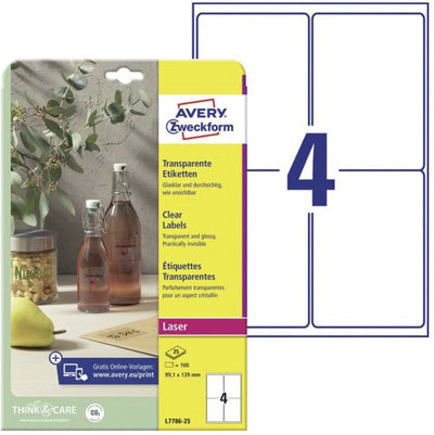 Avery Zweckform Laseretikett Avery 99 – 1 x 139 mm, transparent, 25 Blatt, 4 Etiketten pro Blatt