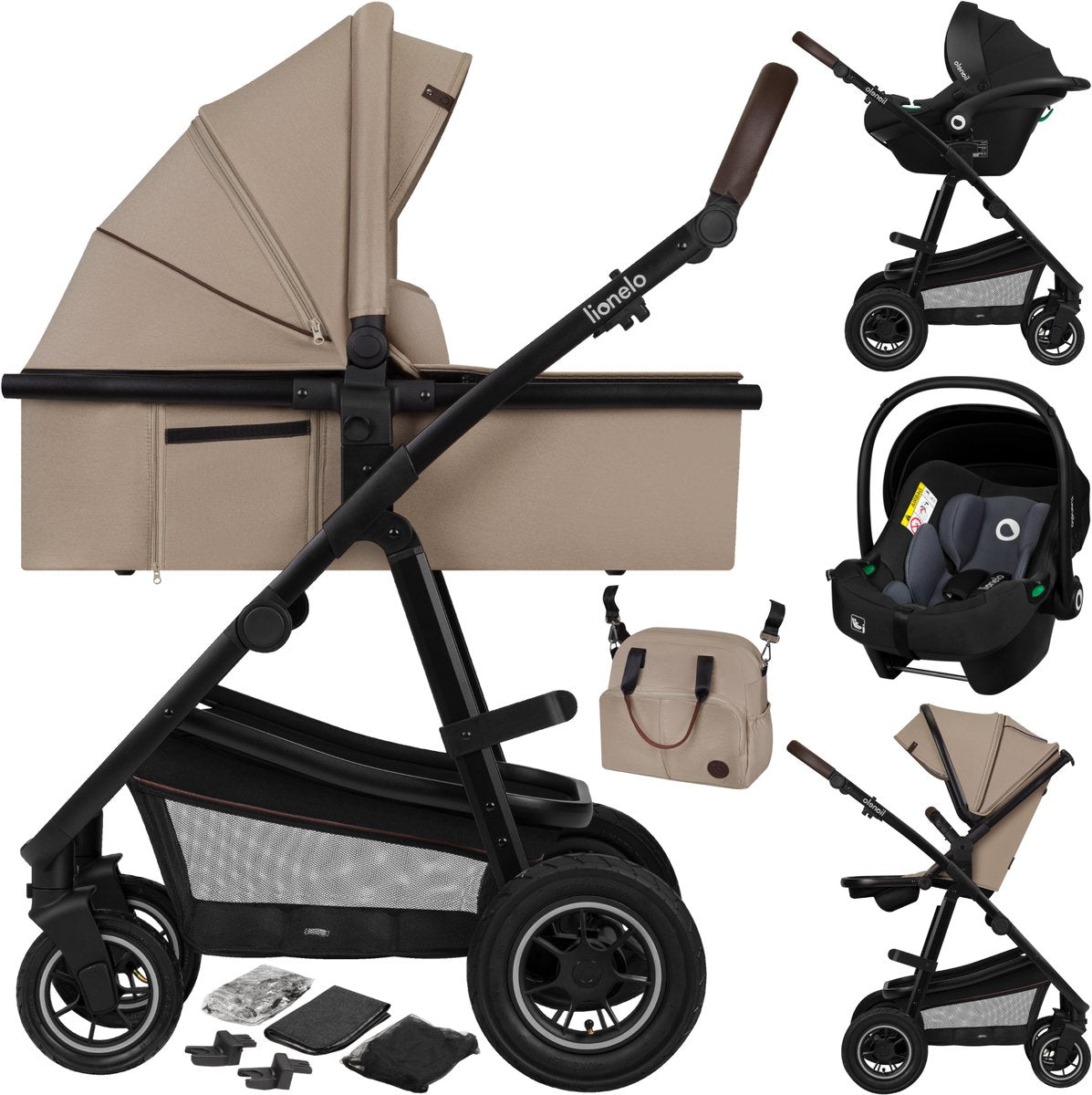 Lionelo Amber Kinderwagen 3 in 1 – Reisebett + Buggy + Autositz – Luftreifen, Vollfederung – bequeme Babymatratze – schnell faltbar – Wickeltasche – Regenschutz – Moskitonetz – ab Geburt bis 4 Jahre (0-22 kg)