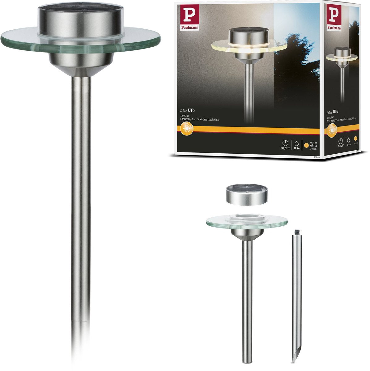 Paulmann Solar-LED-Gartenstrahler UFO IP44 3000K Edelstahl, klar