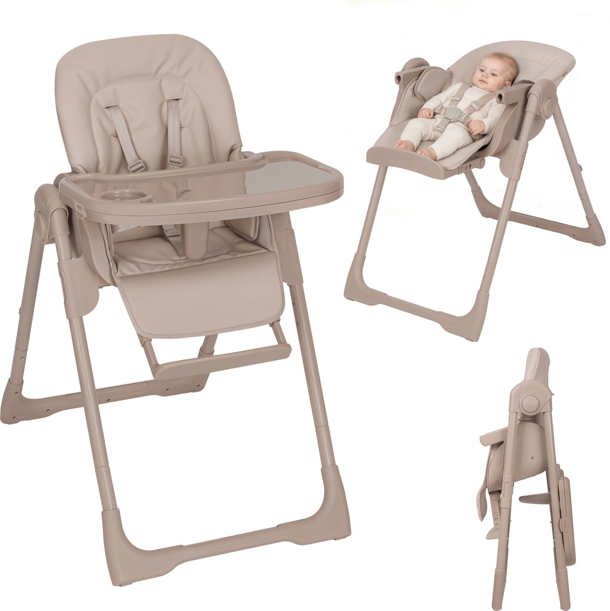Lionelo Linn Plus – 2 in 1 Hochstuhl mit Schaukelstuhlfunktion – 6 Höhenpositionen – 3 Rückenlehnenpositionen – 3 Positionen Fußstütze – 5-Punkt-Gurt – kompakt faltbar – Tablett mit Einlagenhalterung – Vorderräder – PU-Polsterung – ab der Geburt bis 15 kg