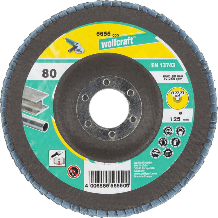 Wolfcraft - Schleiffächerscheibe ø 125 mm - Fächerschleifscheibe Körnung 80 - 5655000