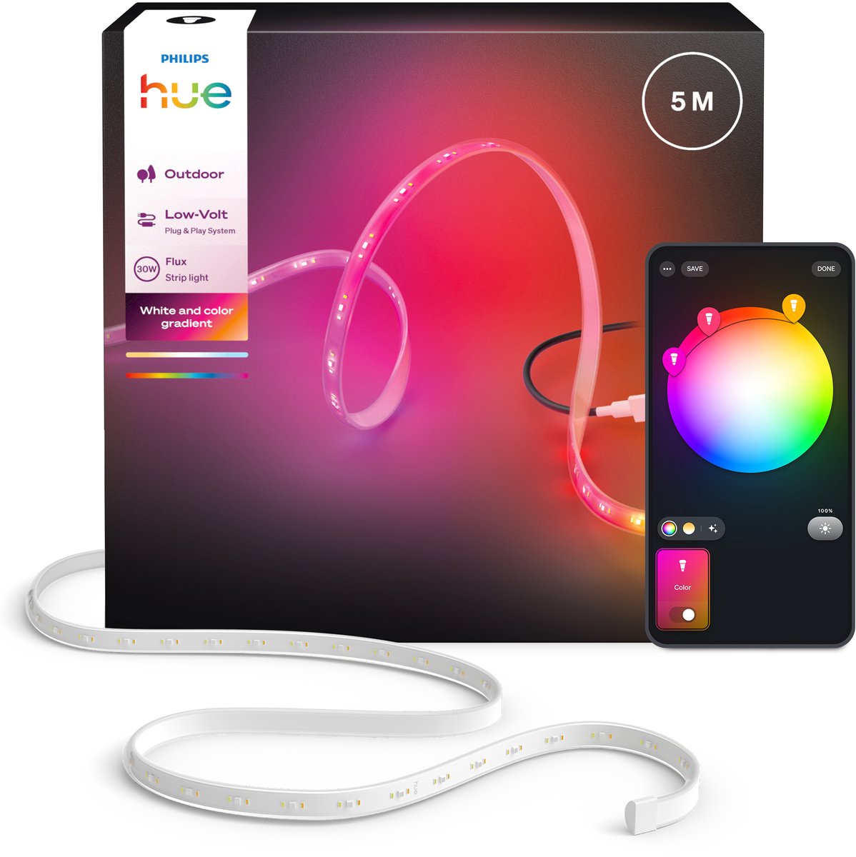 Philips Hue Flux Outdoor-LED-Streifen 5 m, präzise Farbübergänge durch Chromasync™, helles, echtes weißes Licht 3000 Lumen