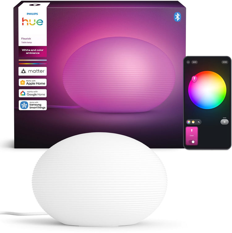 Philips Hue Flourish Tischleuchte – weißer Glasschirm – einstellbares weißes und farbiges Licht – intelligente LED-Glühbirne im Lieferumfang enthalten – 1100 Lumen – Steuerung über unsere App oder mit Ihrer Stimme – kompatibel mit Matter
