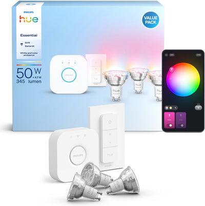 Philips Hue Essential Starter Kit – weißes und farbiges Licht – 1 Brücke – 3 GU10-Spots und Dimmschalter