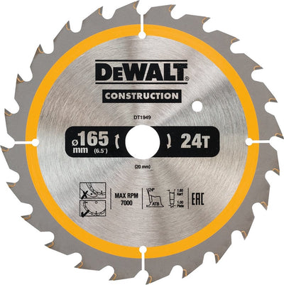 Dewalt Zubehör Kreissägeblatt 165 x 20 x 24 Zähne, Wechselzahnung, positiv 24°, Kerbe 1,6 mm – dt1949-qz