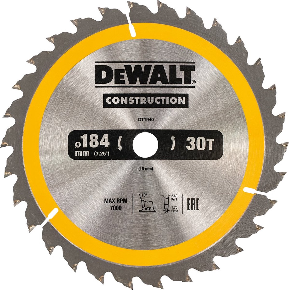 Dewalt Zubehör Kreissägeblatt 184 x 16 x 30 Zähne, positiv 10°, Kerbe 2,6 mm – dt1940-qz