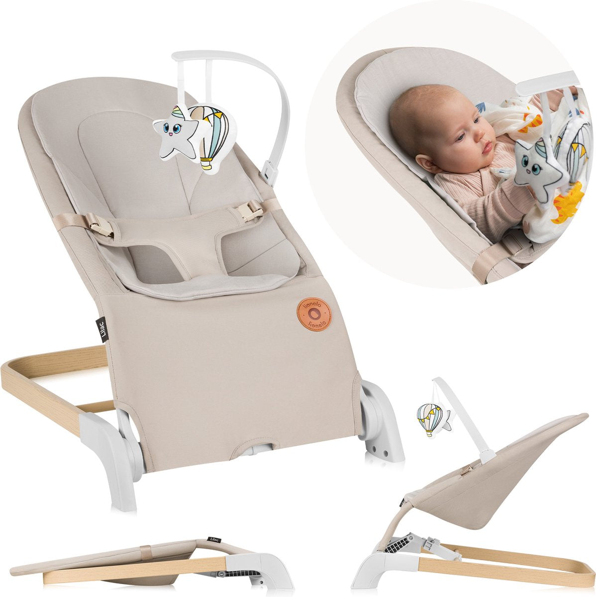 Lionelo lilac wipstoel - schommelstoel – wipper - 3 verstelbare rugstanden – hypoallergene bamboebekleding – plat opvouwbaar – zacht kussen – afneembare speelboog – 3-puntsgordel – antislip – lichtgewicht – vanaf geboorte – en12790 gecertificeerd
