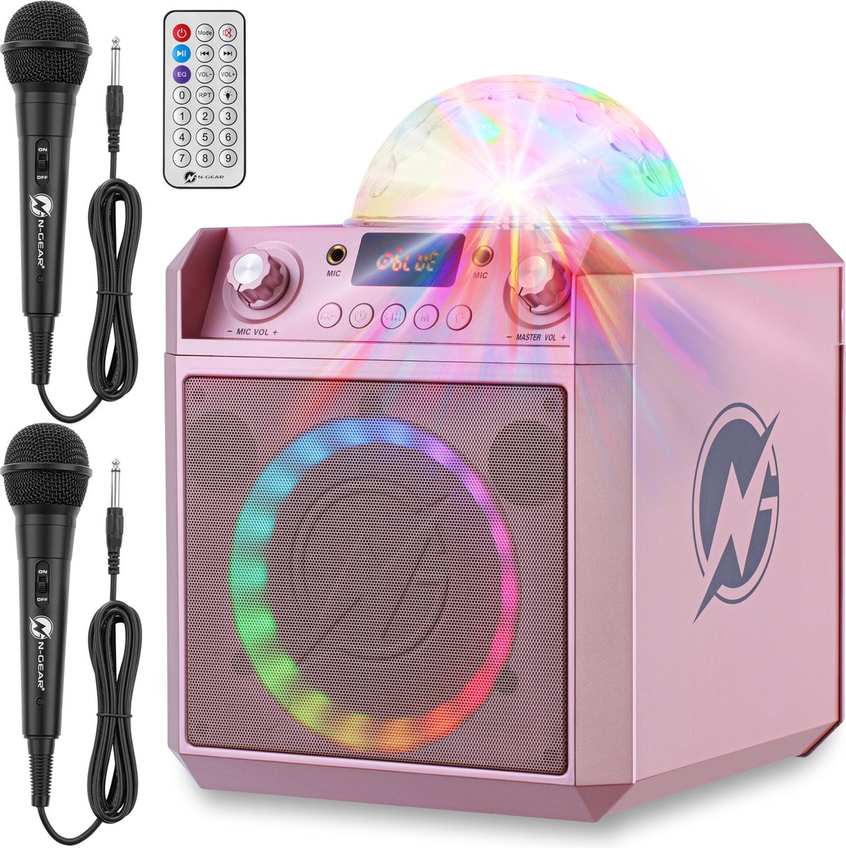 N-Gear Block Party 602 XL – Karaoke-Set mit 2 Mikrofonen – Bluetooth-Lautsprecher kabellos – Partybox mit Beleuchtung – Space Pink