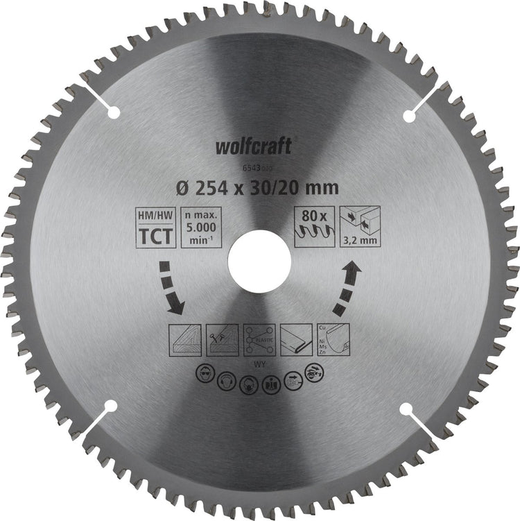 Wolfcraft - Sägeblatt 254x30mm für Kappsäge - 80 Zähne - Gehrungssäge - Serie Flieder - 6543000