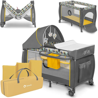 Lionelo Sven Plus 2in1 Mitwachsendes Campingbett – 127 x 60 cm – bis 15 kg – Beistellbett – Reisebett mit Wickeltisch, Organizer, Moskitonetz und interaktivem Spielzeug